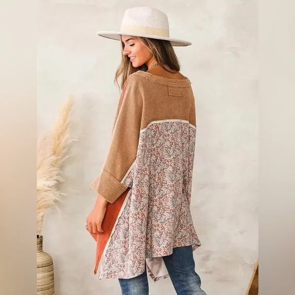 Oli & Hali Floral Boho Patchwork Tunic Top M/L - Mixed Print Oversized V-Neck - Picture 2 of 11